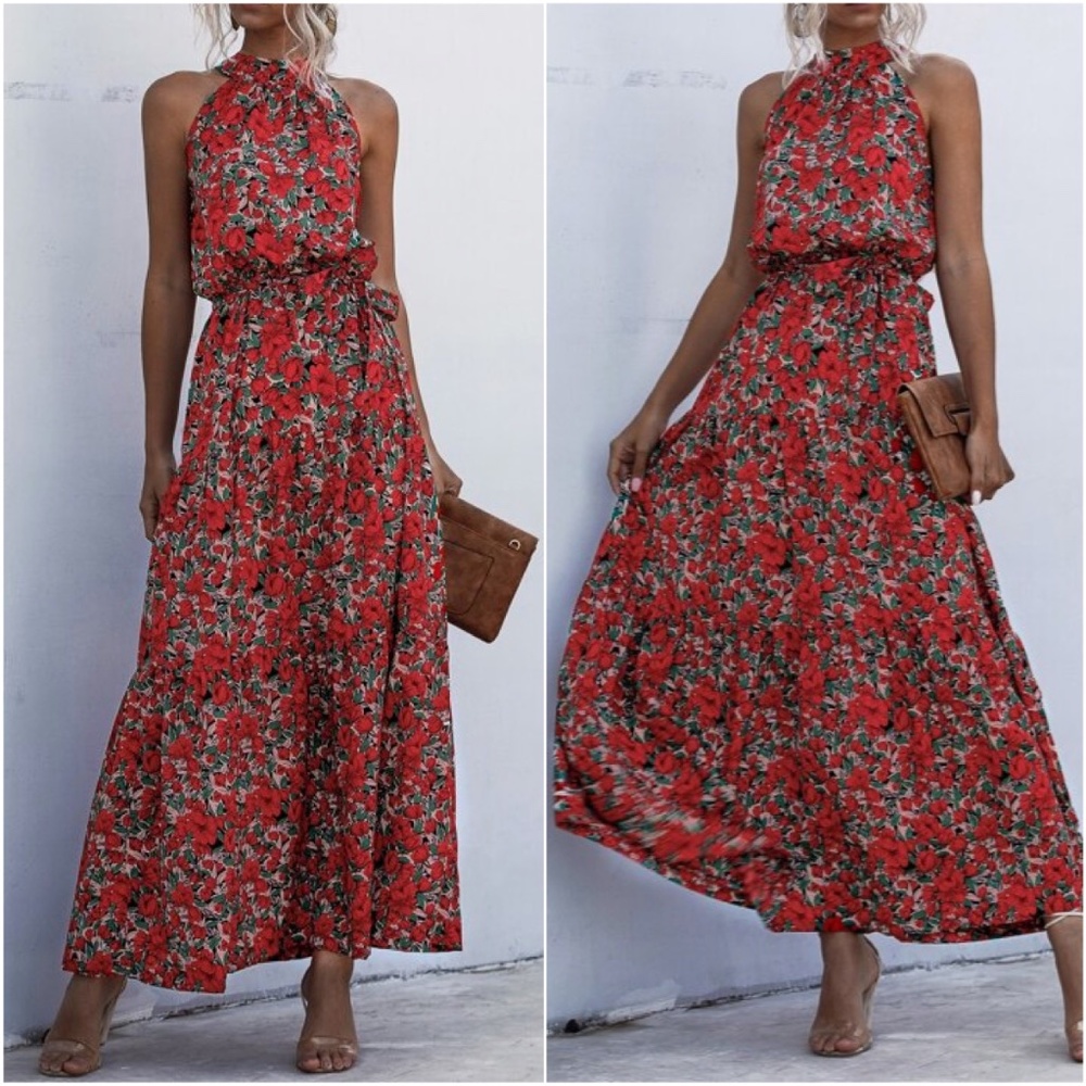 Floral Halter Maxi Dress - Red